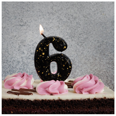 Свечи для торта Свеча-цифра "6" Черная с брызгами 5,6см