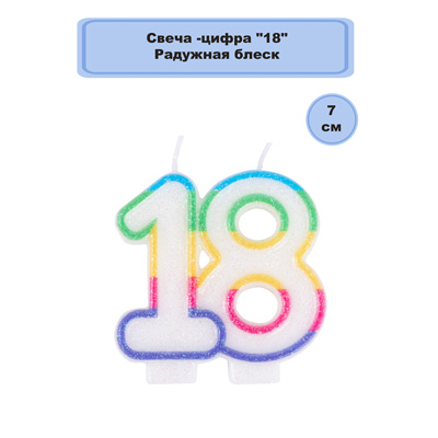 Свечи для торта Свеча -цифра 18 Радужная блеск 7см