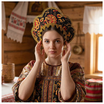 Головные уборы Кокошник-ободок фигурный золотые узоры