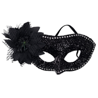 Вечеринка Хэллоуин Полумаска чёрная с цветком блеск 1501-6922