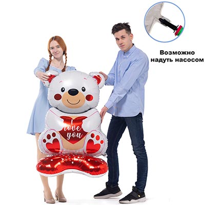 Шарики из фольги Шар напольный Мишка с сердцем ILY белый