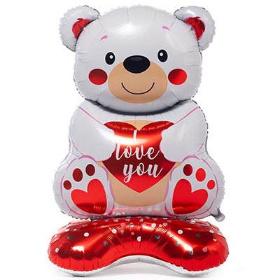 Шарики из фольги Шар напольный Мишка с сердцем ILY белый