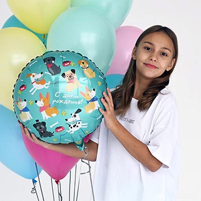 Шарики из фольги Шар круг 45см С ДР собачки