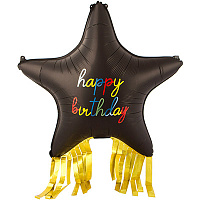 Happy Birthday Шар HB Звезда черная бахрома золотая 1207-6776
